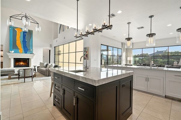 Fireplace, Interior, Kitchen, Living room, Pendant Lights, Recessed Lighting