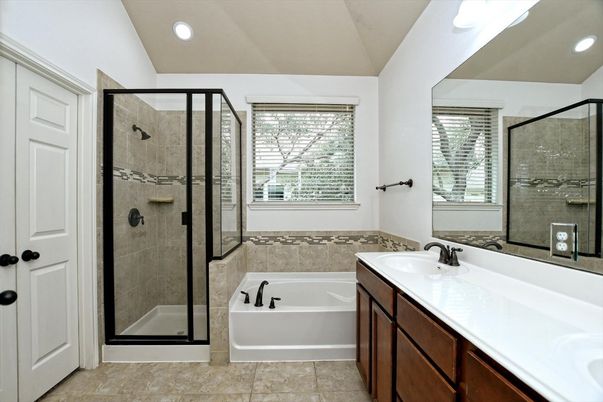 Bathroom, Dual Sink Vanities, Glass Shower, Interior, Recessed Lighting