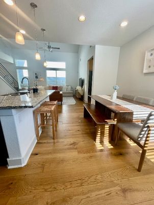 Dining room, Interior, Living room, Pendant Lights, Recessed Lighting, Water, Wood Texture Flooring