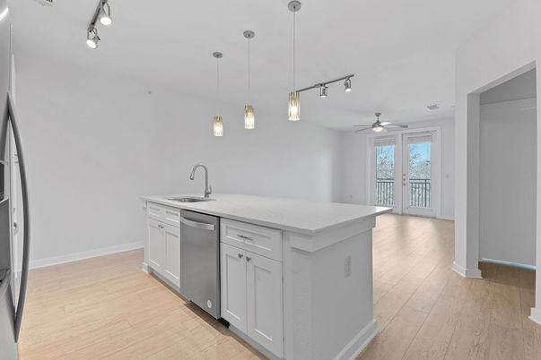 Interior, Kitchen, Pendant Lights, Wood Texture Flooring