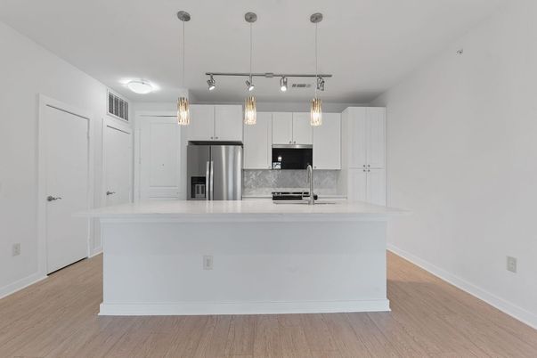 Interior, Kitchen, Pendant Lights, Stainless Steel Appliances, Wood Texture Flooring