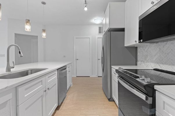 Interior, Kitchen, Pendant Lights, Stainless Steel Appliances, Wood Texture Flooring