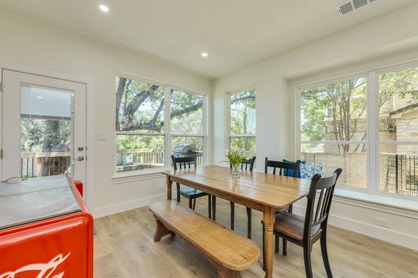 Dining room, Interior, Recessed Lighting, Wood Texture Flooring