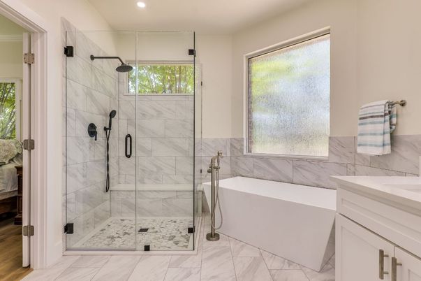 Bathroom, Glass Shower, Interior, Marble, Marble Walls, Recessed Lighting