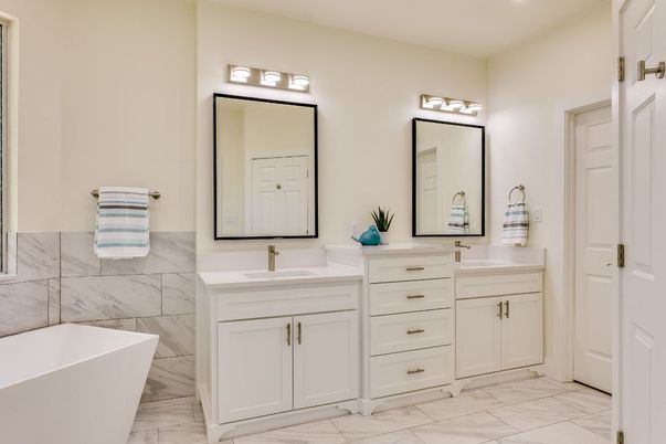 Bathroom, Dual Sink Vanities, Free Standing Baths, Interior, Marble, Marble Walls, Recessed Lighting