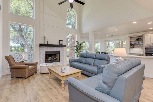 Fireplace, Interior, Kitchen, Living room, Recessed Lighting, Wood Texture Flooring
