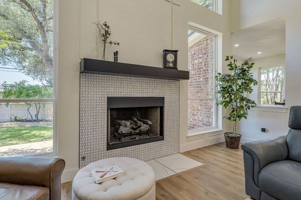 Fireplace, Interior, Recessed Lighting, Wood Texture Flooring