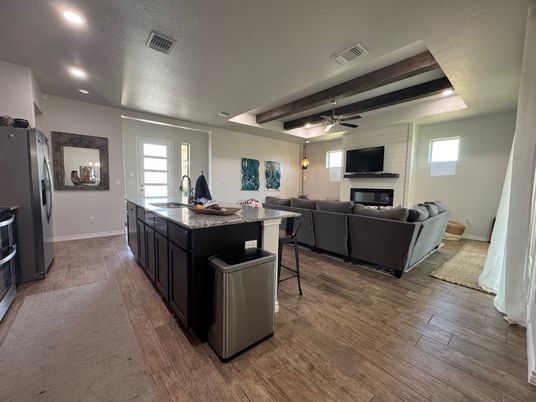 Fireplace, Interior, Living room, Recessed Lighting, Wood Texture Flooring