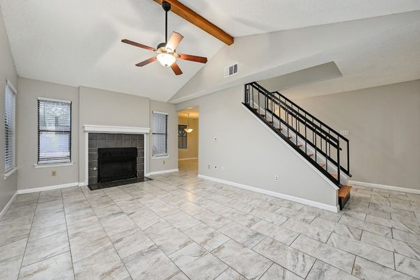 Empty room, Fireplace, Interior, Wooden Beams