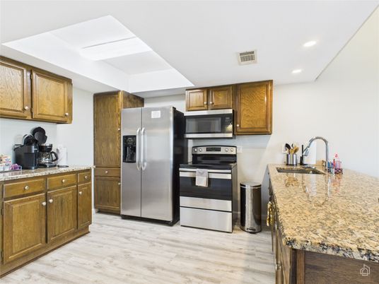 Interior, Kitchen, Recessed Lighting, Stainless Steel Appliances, Wood Texture Flooring