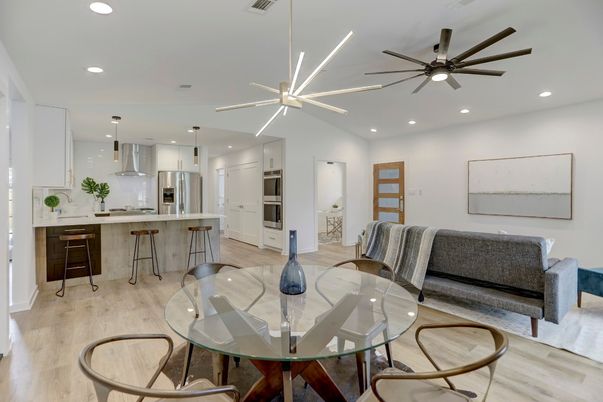Dining room, Interior, Kitchen, Pendant Lights, Recessed Lighting, Stainless Steel Appliances, Wood Texture Flooring