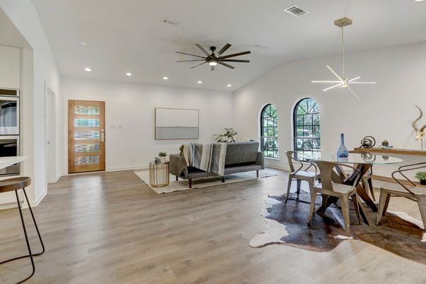 Dining room, Interior, Pendant Lights, Recessed Lighting, Wood Texture Flooring