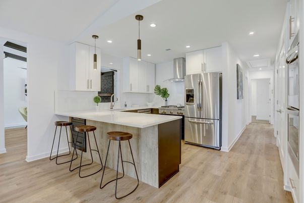 Interior, Kitchen, Pendant Lights, Recessed Lighting, Stainless Steel Appliances, Wood Texture Flooring