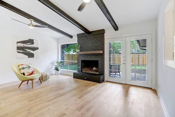 Empty room, Fireplace, Interior, Wooden Beams, Wood Texture Flooring