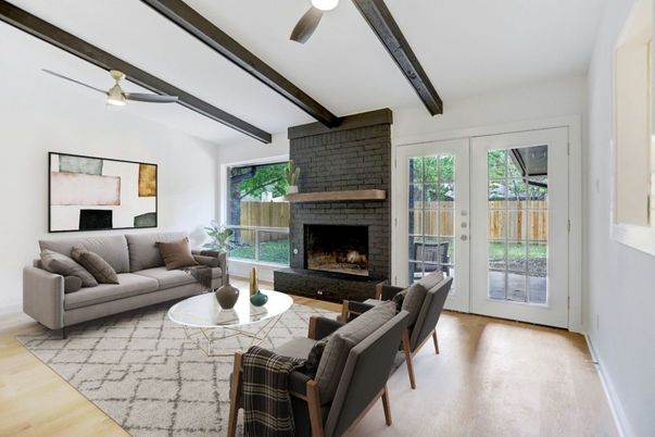 Fireplace, Interior, Living room, Stone Walls, Wooden Beams, Wood Texture Flooring