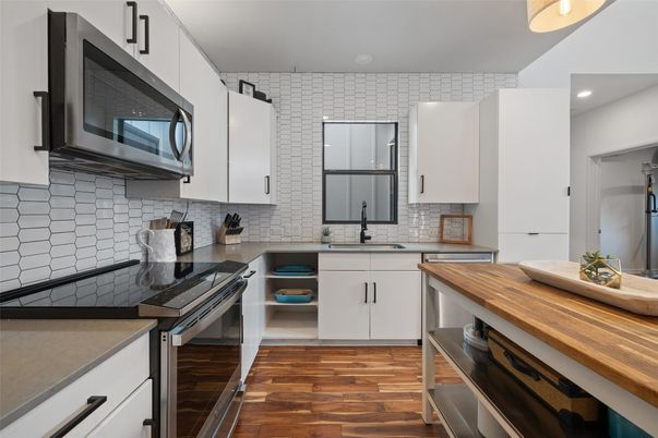 Interior, Kitchen, Recessed Lighting, Stainless Steel Appliances, Wood Texture Flooring