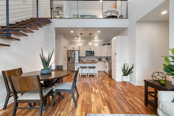 Dining room, Interior, Kitchen, Pendant Lights, Recessed Lighting, Stainless Steel Appliances, Wood Texture Flooring