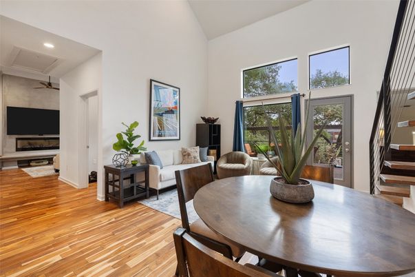 Dining room, Interior, Living room, Recessed Lighting, Wood Texture Flooring