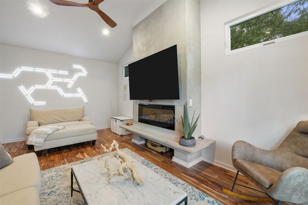 Fireplace, Interior, Living room, Recessed Lighting, Wood Texture Flooring