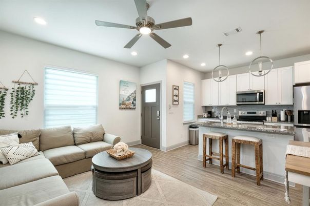 Interior, Kitchen, Living room, Pendant Lights, Recessed Lighting, Stainless Steel Appliances, Wood Texture Flooring