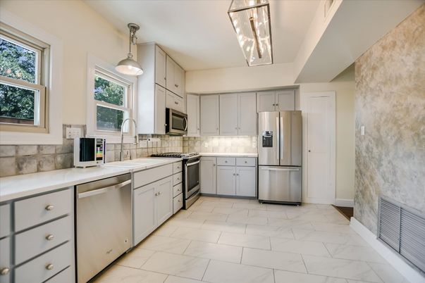 Interior, Kitchen, Marble, Pendant Lights, Stainless Steel Appliances