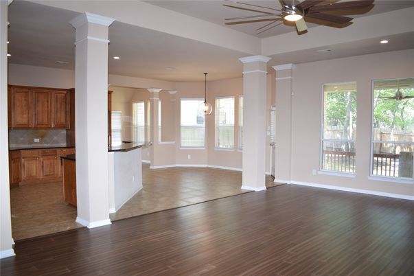 Empty room, Interior, Pendant Lights, Recessed Lighting, Wood Texture Flooring