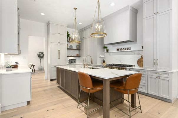 Interior, Kitchen, Marble Walls, Pendant Lights, Recessed Lighting, Stainless Steel Appliances, Wood Texture Flooring