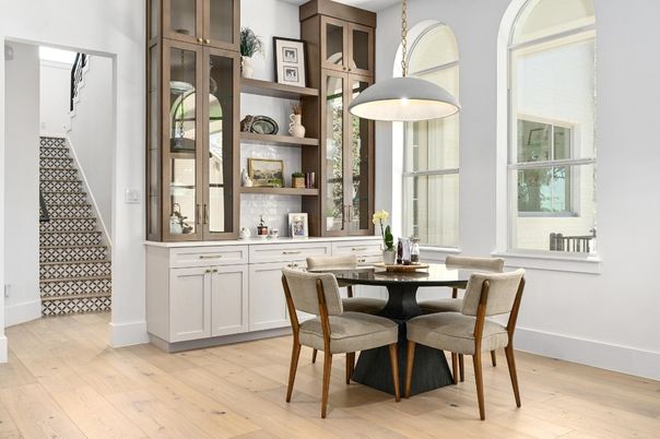 Dining room, Interior, Pendant Lights, Wood Texture Flooring