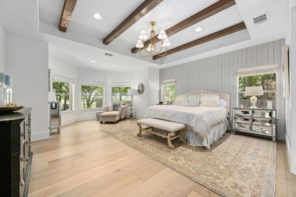 Bedroom, Chandelier, Interior, Recessed Lighting, Wooden Beams, Wood Texture Flooring