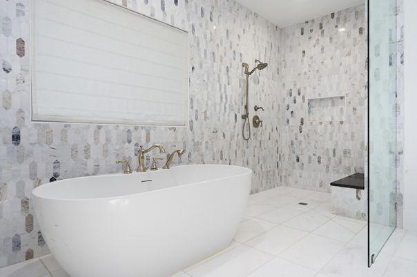 Bathroom, Free Standing Baths, Glass Shower, Interior, Recessed Lighting