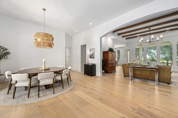 Chandelier, Dining room, Interior, Pendant Lights, Recessed Lighting, Wooden Beams, Wood Texture Flooring