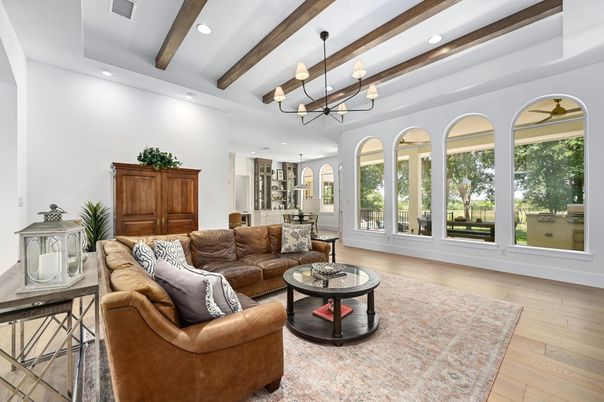 Chandelier, Interior, Living room, Pendant Lights, Recessed Lighting, Wooden Beams, Wood Texture Flooring