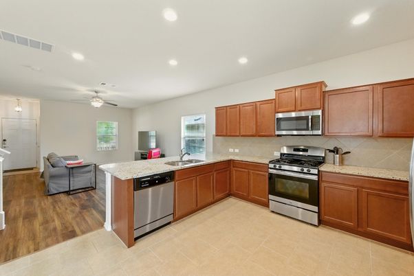 Interior, Kitchen, Living room, Recessed Lighting, Stainless Steel Appliances, Wood Texture Flooring