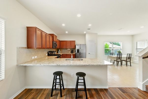 Interior, Kitchen, Recessed Lighting, Stainless Steel Appliances, Wood Texture Flooring