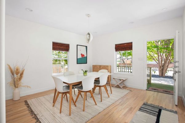 Dining room, Interior, Pendant Lights, Recessed Lighting, Wood Texture Flooring