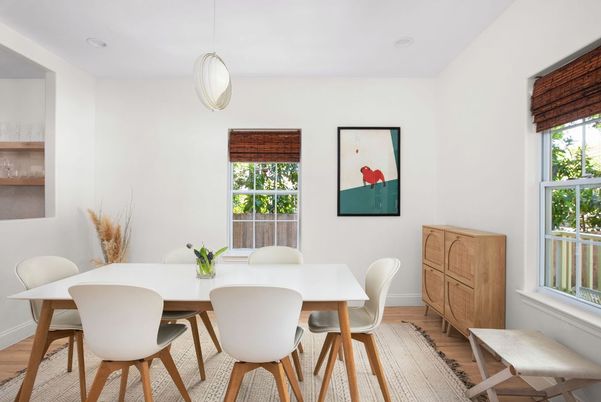 Dining room, Interior, Pendant Lights, Wood Texture Flooring