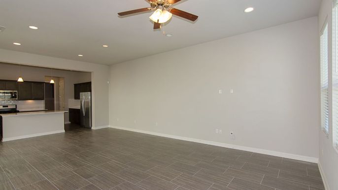 Empty room, Interior, Kitchen, Pendant Lights, Recessed Lighting, Stainless Steel Appliances