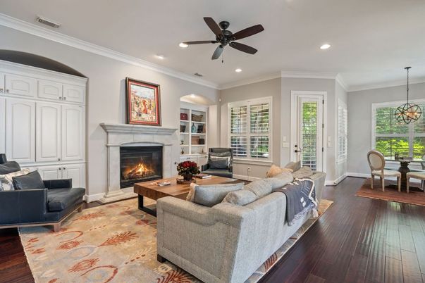Dining room, Fireplace, Interior, Living room, Pendant Lights, Recessed Lighting, Wood Texture Flooring