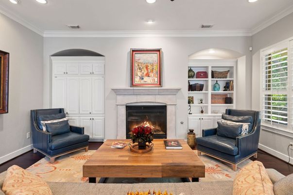 Fireplace, Interior, Living room, Recessed Lighting, Wood Texture Flooring