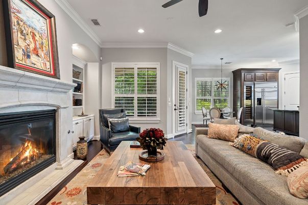 Dining room, Fireplace, Interior, Kitchen, Living room, Pendant Lights, Recessed Lighting, Wood Texture Flooring