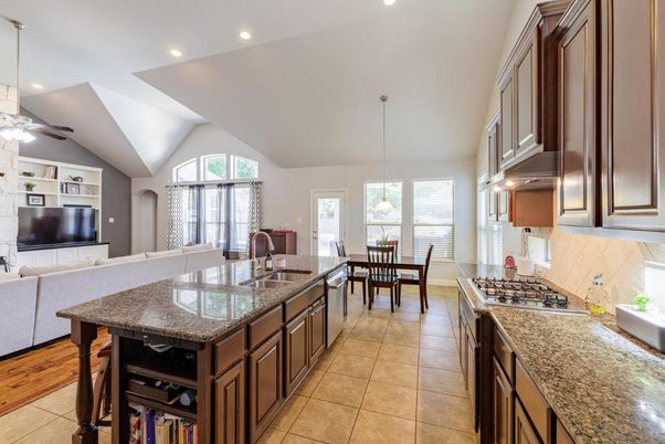Dining room, Interior, Kitchen, Pendant Lights, Recessed Lighting, Wood Texture Flooring