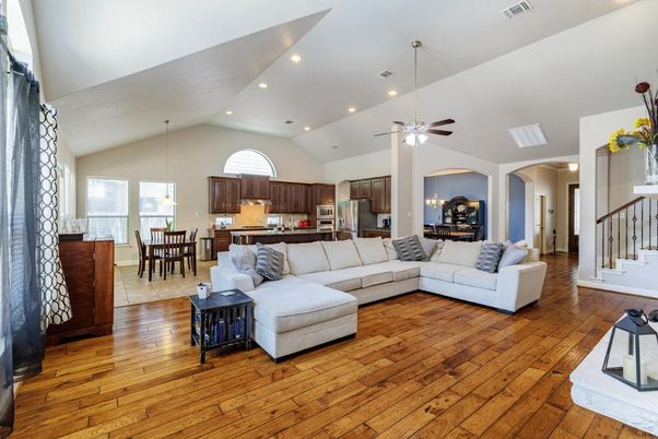 Dining room, Interior, Kitchen, Living room, Pendant Lights, Recessed Lighting, Stainless Steel Appliances, Wood Texture Flooring