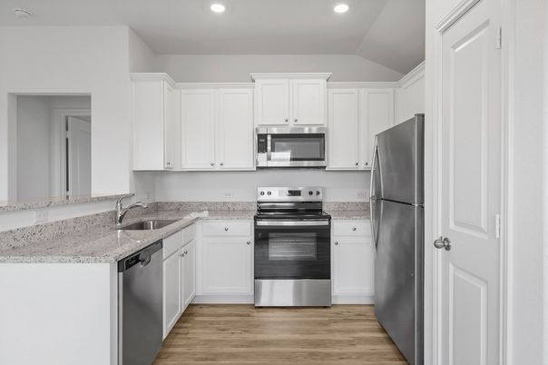 Interior, Kitchen, Recessed Lighting, Stainless Steel Appliances, Wood Texture Flooring