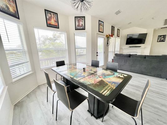 Dining room, Fireplace, Interior, Living room, Wood Texture Flooring