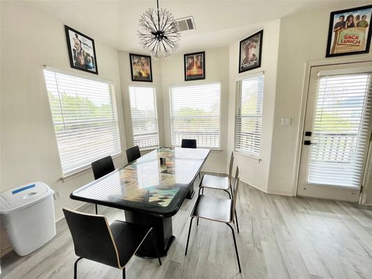 Dining room, Interior, Pendant Lights, Wood Texture Flooring