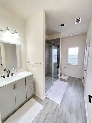 Bathroom, Glass Shower, Interior, Wood Texture Flooring