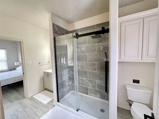 Bathroom, Bedroom, Glass Shower, Interior, Wood Texture Flooring
