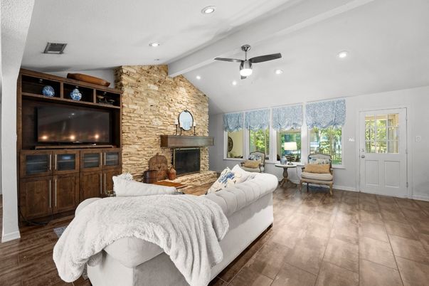 Bedroom, Fireplace, Interior, Living room, Recessed Lighting, Stone Walls