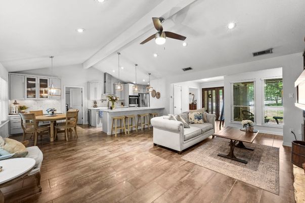 Dining room, Interior, Kitchen, Living room, Pendant Lights, Recessed Lighting, Stainless Steel Appliances, Wood Texture Flooring