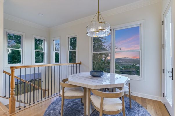 Dining room, Interior, Pendant Lights, Wood Texture Flooring
